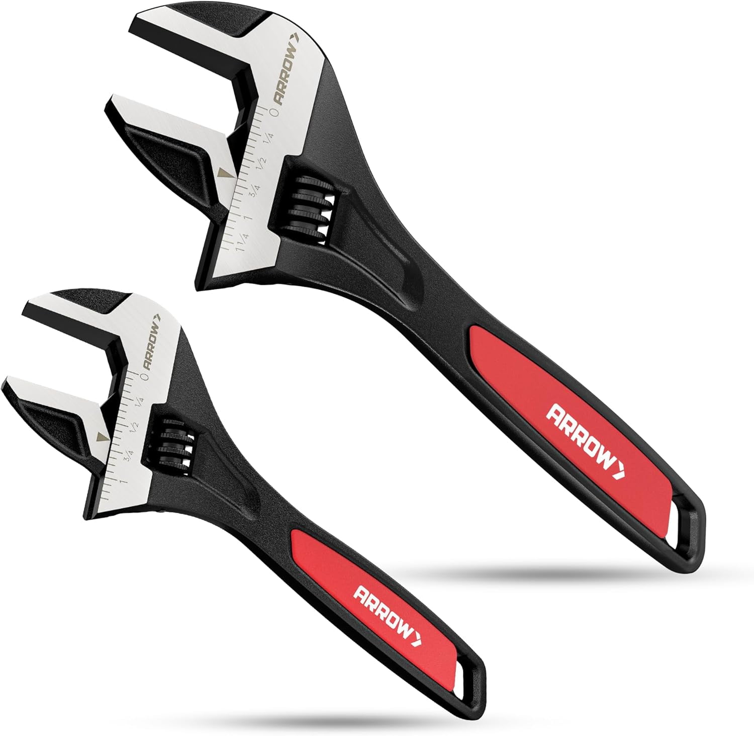 MKEUDQ-ARROW 2 PCS Adjustable Wrench Set, 8-Inch & 10-Inch Wrenches, Cr-V Steel, Wide Jaw Black Oxide Wrench with Inch/Metric Laser Scales, Non-Slip Grip & Hanging Hole, for Home, Garage, Workshop an