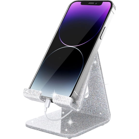 MKEUDQ-Acrylic Cell Phone Stand, Portable Phone Holder, Phone Stand for Desk, Compatible with Phone16 15 14 13 12 Pro Max Mini 11 Xr Plus SE, Switch, Android Smartphone, Pad, Tablet, Glitter Silver