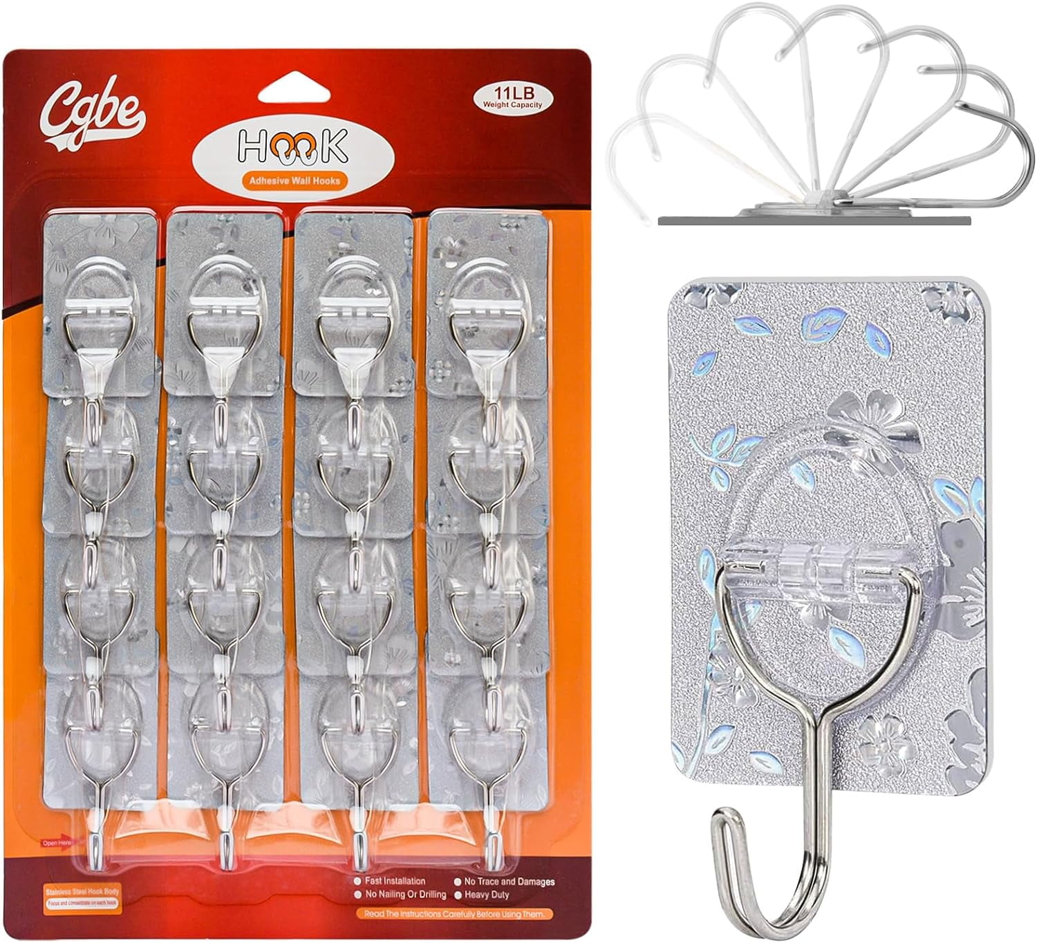 MKEUDQ-Adhesive Hooks Heavy Duty Sticky Hooks for Hanging 11 lbs (Max) Seamless Transparent Adhesive Hooks Wall Hangers Without Nails for Hanging Keys Coats Hats Bags Ceiling (Silver-16PACK)