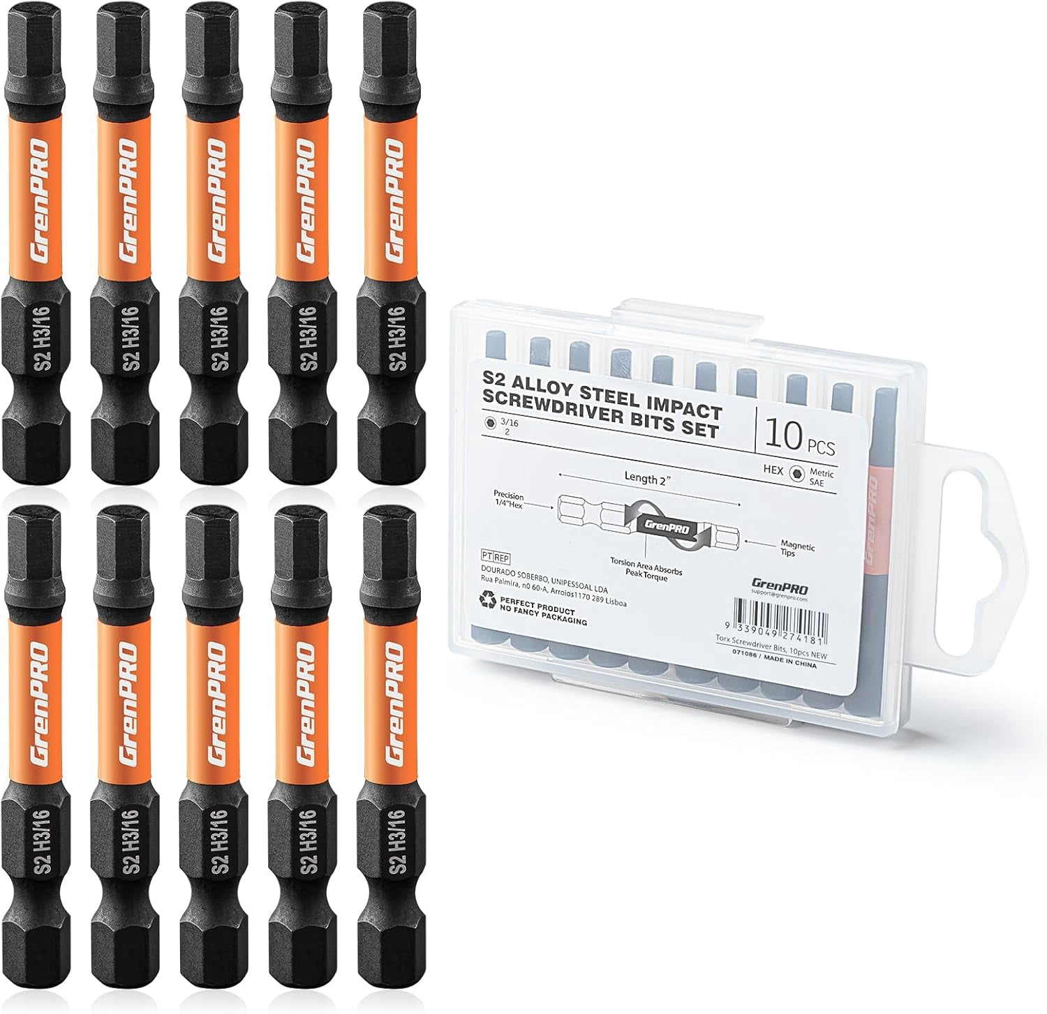 MKEUDQ-Allen Wrench Drill Bit Set, Impact Hex Head Screwdriver Bit Set, 1/4\u201d Hex-Shank S2 Steel Hex Bits Set, CNC 2\u201d Long 10pcs (3/16) Magnetic Driver Bit with Storage Box