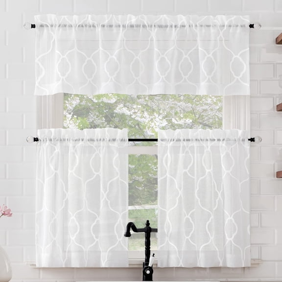 MKEUDQ-Allerton Embroidered Trellis Light Filtering Rod Pocket Kitchen Curtain Valance and Tiers Set, 52" x 24", White