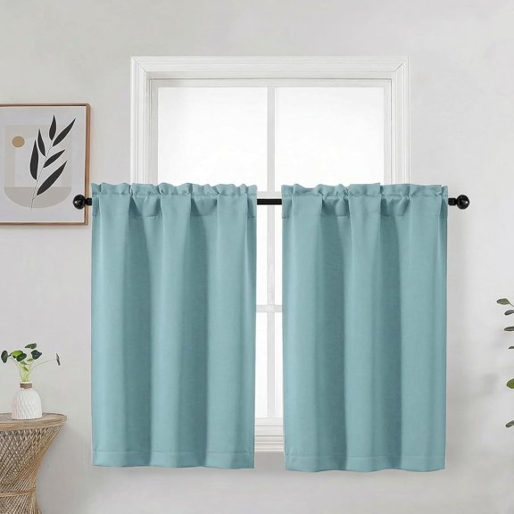 MKEUDQ-Aqua Cafe Blackout Curtains Tier 36 Inch Length 2 Panels, Soft Solid Thermal Insulated Room Darkening Small Kitchen Window Curtains Over Sink for Bathroom Basement, Aqua, Each 30" Wx36 L