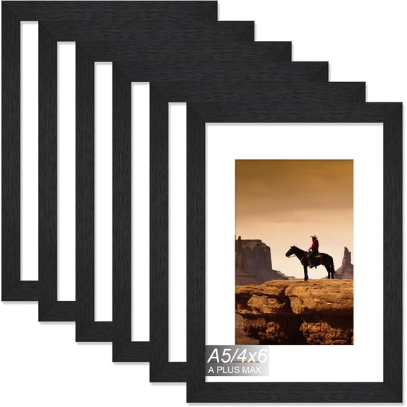 MKEUDQ-Black A5 Frame Set of 6, Engineered Wood Frame Display 4x6 Picture with Mat or Papaer Size A5 without Mat, A5 Frame with Wood-grain for Photo 5.8 x 8.3 inch for Wall - 6 Packs