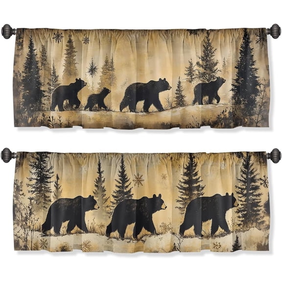 MKEUDQ-Black Bears Valance Curtain for Windows 2 Pack Old Fashioned Fabric Rod Pocket Window Treatments Short Curtains for Kitchen Windows Bathroom Bedroom 54x18 Inch