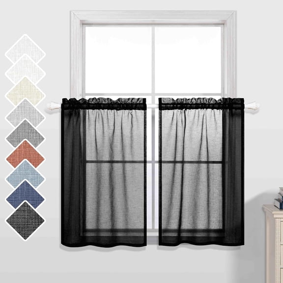MKEUDQ-Black Curtain 30 Inch Length for Small Windows Cafe Curtains Tiers Semi Sheer Linen Textured Short Curtains for Kitchen Bathroom Basement RV Camper