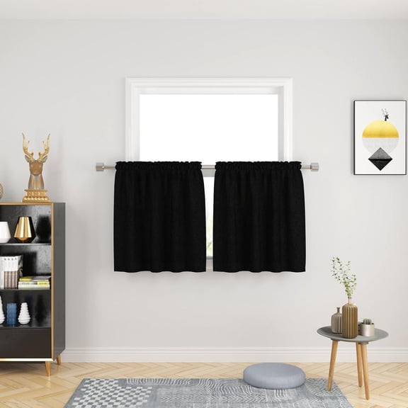 MKEUDQ-Black Kitchen Tiers Over Sink Curtains Privacy Linen Textured 24 inch Length Cafe Curtains Short Bathroom Small Mini Caravan Basement Half Window Curtain 2 Panels Rod Pocket