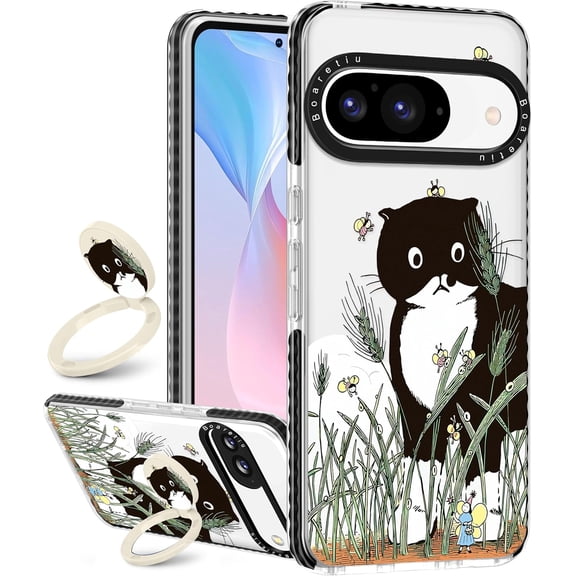 MKEUDQ-Boaretiu Cute Kawaii Case for Google Pixel 9/9Pro Phone Case with Kickstand - Fashion 360 Sticky Rotate Ring Holder Design for Women Girls Girly for Google Pixel 9/9Pro Case, Cat Bee