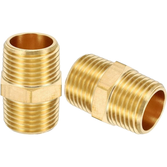 MKEUDQ-Brass Pipe Fittings Coupler, 2Pcs 1/2" x 1/2" NPT Male Thread Brass Hex Nipple Coupling Reducer Adapter Tubing Connector Adaptor for Water, Air, Oil, Gas Line System