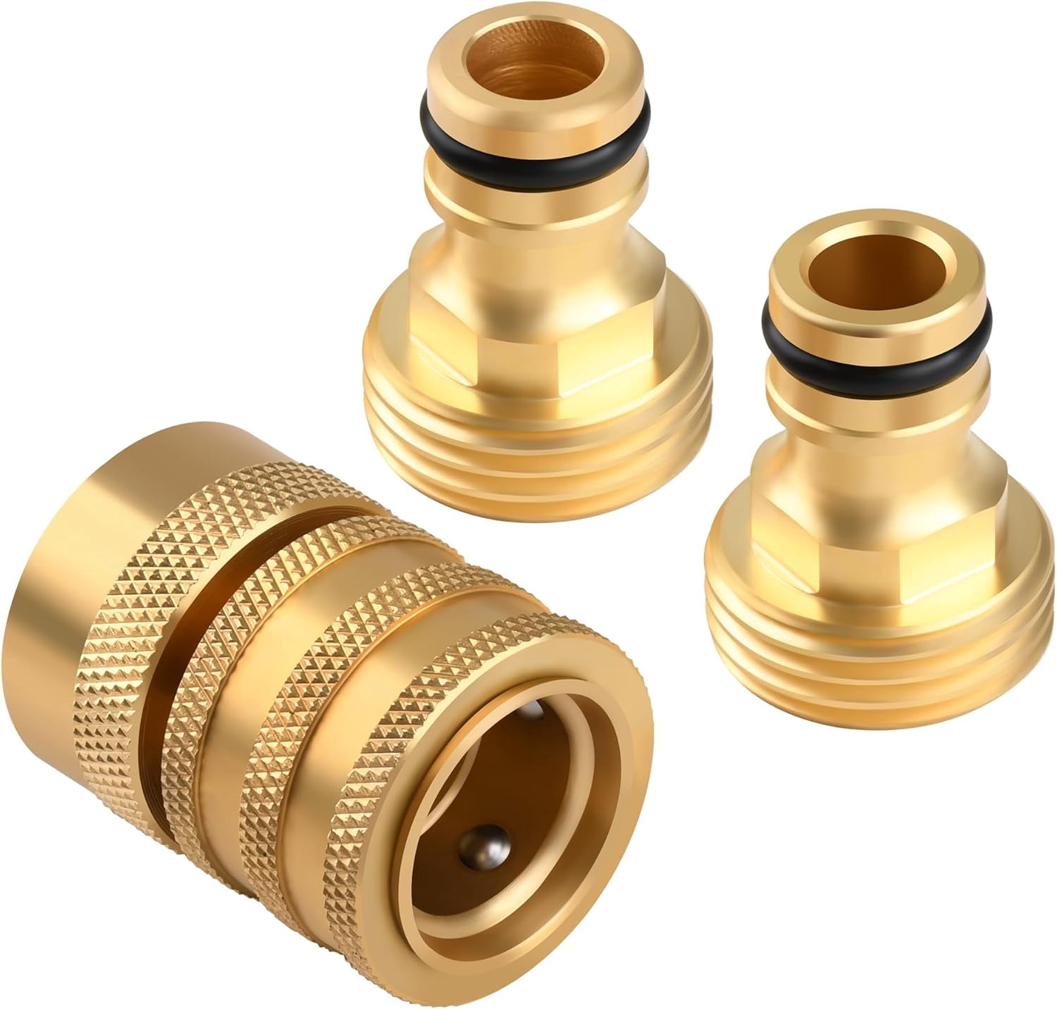 MKEUDQ-Brass Quick Connect Coupling Set with 3/4" GHT Thread, 1 Female Coupling + 2 Tool Adaptors, Solid Brass Water Hose Quick Connect Fittings, Easy Connect & Disconnect, Leak-Resistant Garden Hose