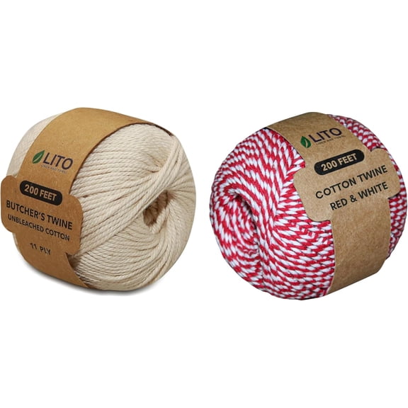 MKEUDQ-Butchers Red-White Cotton String Food-Safe Twine for Cooking, Trussing, Baking, Crafts, DIY, Holiday Wrapping Natural & Festive Kitchen Twine Set