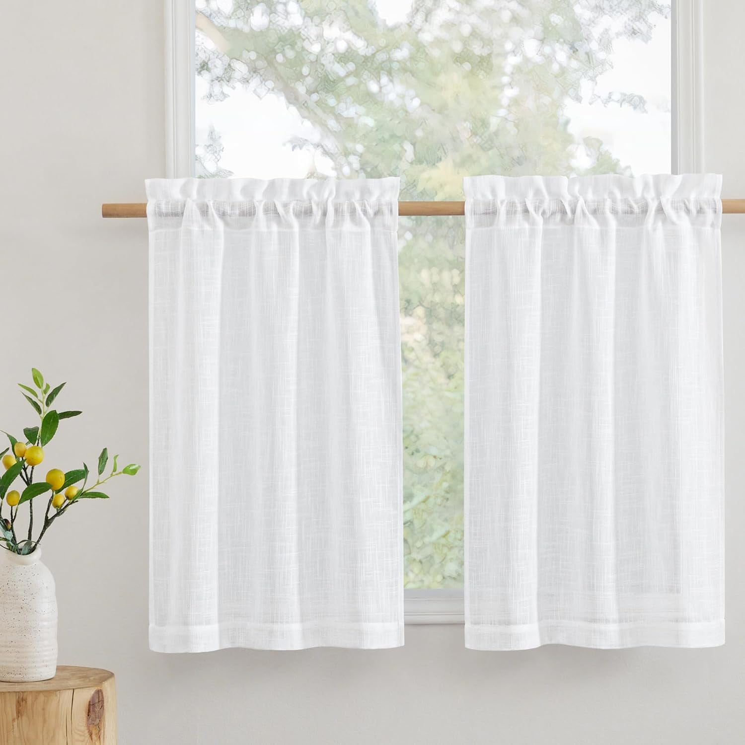 MKEUDQ-Cafe Curtains 24 inches Length, Linen Sheer Short Curtains for Small Window, Half Privacy Light Filetring Tier Valance for Kitchen Bathroom Window Over Sink, W 26 x L 24, White, 2 Panels Set