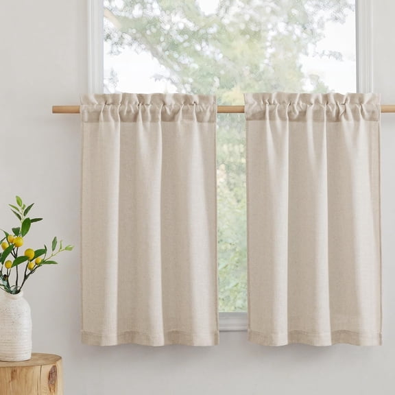 MKEUDQ-Cafe Curtains 24 inches Length, Linen Sheer Short Curtains for Small Window, Half Privacy Light Filetring Window Tier Valance for Kitchen Bathroom, W 26 x L 24, Beige, 2 Panels Set