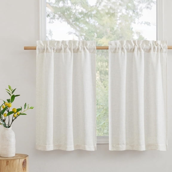 MKEUDQ-Cafe Curtains 24 inches Length, Linen Sheer Short Curtains for Small Window, Half Privacy Light Filetring Window Tier Valance for Kitchen Bathroom, W 26 x L 24, Linen, 2 Panels Set