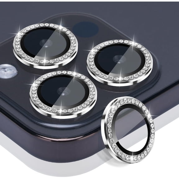 MKEUDQ-Camera Lens Protector for iPhone 15 Pro & iPhone 15 Pro Max, Tempered Glass Lens Protector Aluminum Alloy Ring Camera Cover Fits for iPhone 15 Pro/iPhone 15 Pro Max (Diamond Silver)