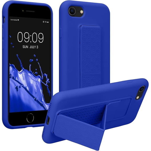 MKEUDQ-Case Compatible with Apple iPhone SE (2022) / iPhone SE (2020) / iPhone 8 / iPhone 7 - Case with Hand Strap and Stand Soft TPU Silicone Coating - Baltic Blue