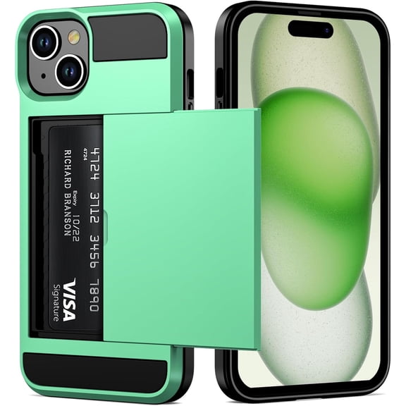 MKEUDQ-Case Compatible with iPhone 15 with Card Holder, Dual Layer Shockproof Wallet Phone Case, Hidden Card Slot Sliding Protective Hard Shell Back Cover Slim Case for iPhone 15, 6.1 Inch Mint