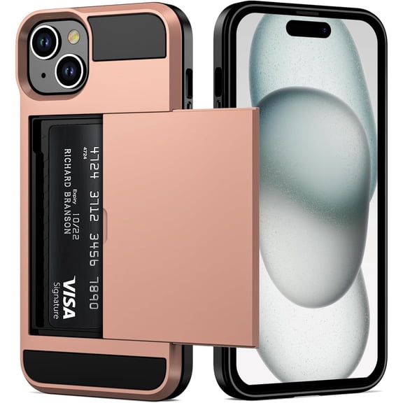 MKEUDQ-Case Compatible with iPhone 15 with Card Holder, Dual Layer Shockproof Wallet Phone Case, Hidden Card Slot Sliding Protective Hard Shell Back Cover Slim Case for iPhone 15, 6.1 Inch Rose Gold