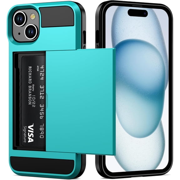 MKEUDQ-Case Compatible with iPhone 15 with Card Holder, Dual Layer Shockproof Wallet Phone Case Hidden Card Slot Sliding Protective Hard Shell Back Cover Slim Case for iPhone 15, 6.1 Inch Sky Blue