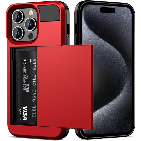 MKEUDQ-Case Compatible with iPhone 15 Pro with Card Holder, Dual Layer Shockproof Wallet Phone Case Hidden Card Slot Sliding Protective Hard Shell Back Cover Slim Case for iPhone 15 Pro 6.1 Inch Red