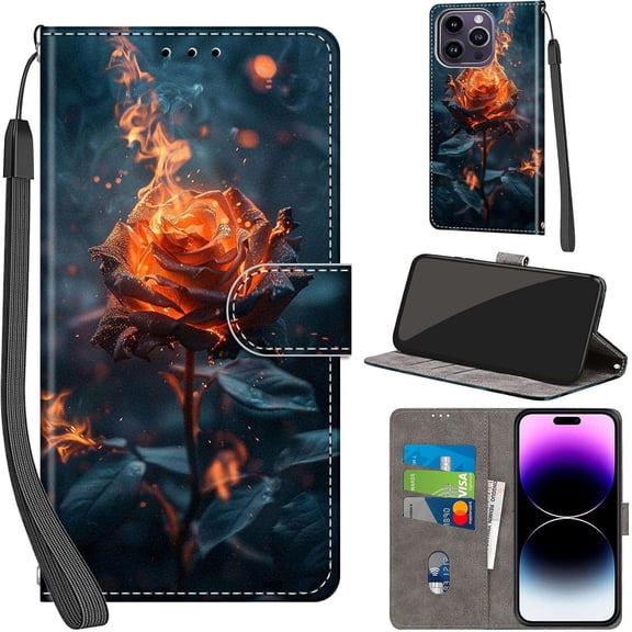 MKEUDQ-Case Wallet for iPhone 14 Pro Max, with [3 Card Slots], Kickstand Magnetic Closure PU Leather Shockproof Protective Flip Cover 6.7", Burning Roses