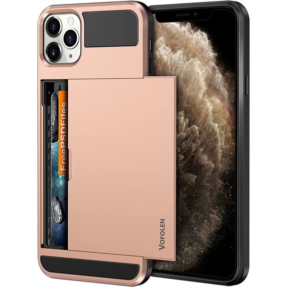 MKEUDQ-Case for iPhone 11 Pro Case Wallet Credit Card Holder Slot Sliding Door Hidden Pocket Anti-Scratch Dual Layer Hybrid TPU Protective Hard Shell Back Cover for iPhone 11 Pro 5.8 inch Rose Gold