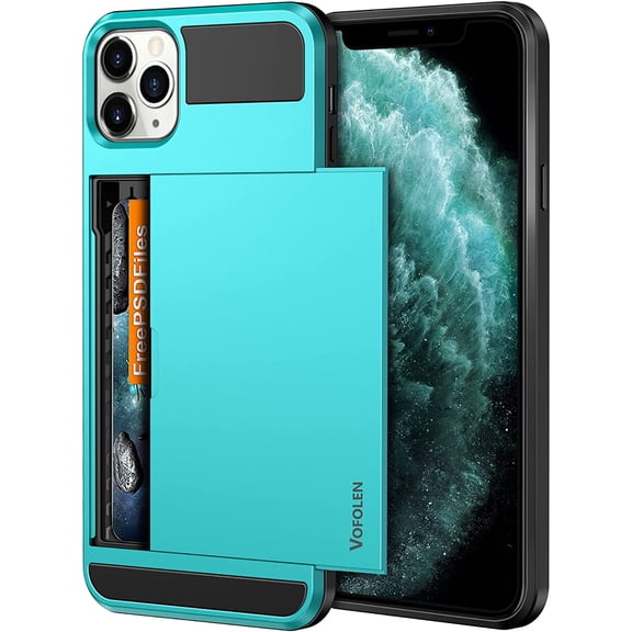 MKEUDQ-Case for iPhone 11 Pro Case Wallet Credit Card Holder Slot Sliding Door Hidden Pocket Anti-Scratch Dual Layer Hybrid TPU Protective Hard Shell Back Cover for iPhone 11 Pro 5.8 inch Sky Blue