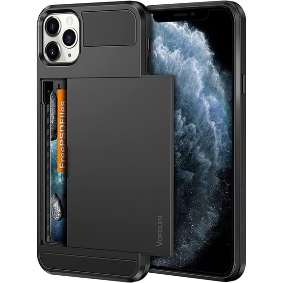 MKEUDQ-Case for iPhone 11 Pro Case Wallet Credit Card Holder Slot Sliding Door Hidden Pocket Anti-Scratch Dual Layer Hybrid TPU Protective Hard Shell Back Cover for iPhone 11 Pro 5.8 inch Black