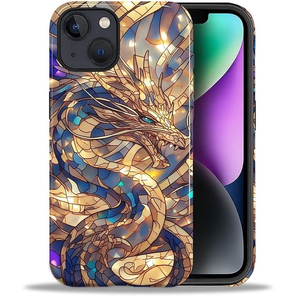 MKEUDQ-Case for iPhone 14 Plus,Dragon Stained Glass Illusion Design - Hybrid Dual Protection Soft TPU + Hard PC, Shockproof Anti-Scratch Cover Men Women Girl Stylish Phone Case