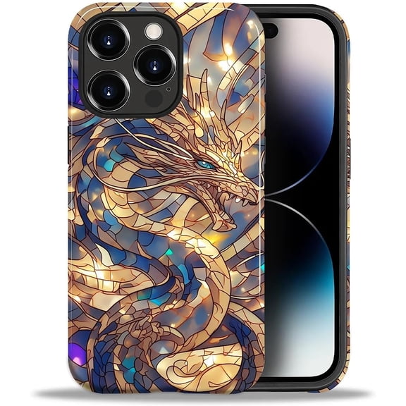 MKEUDQ-Case for iPhone 14 Pro,Dragon Stained Glass Illusion Design - Hybrid Dual Protection Soft TPU + Hard PC, Shockproof Anti-Scratch Cover Men Women Girl Stylish Phone Case