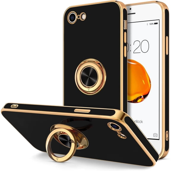 MKEUDQ-Case for iPhone SE 2022, iPhone SE 2020, iPhone 7 Case, iPhone 8 Case with Ring Holder Stand Magnetic Kickstand, Plating Rose Gold Soft TPU Bumper Camera Protection Shockproof Phone Cases-Blac