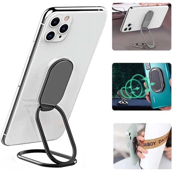 MKEUDQ-Cell Phone Ring Holder Finger Kickstand, Foldable 360 Rotation Cellphone Stand for Desk, Office Desktop, Magnetic Car Mount, Metal Multi-Angle for Phone Back Grip (Gun Black)