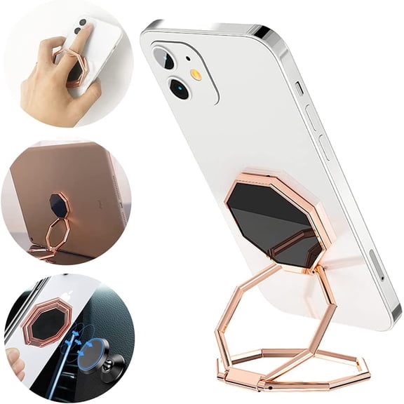 MKEUDQ-Cellphone Ring Holder Finger Kickstand, Foldable 360 Rotation Cell Phone Stand for Desk, Magnetic Car Mount, Metal Multi-Angle for Phone Back Grip Compatible with iPhone, iPad (Rose Gold)