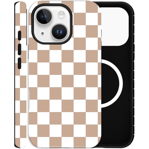 MKEUDQ-Checkered Phone Case for iPhone 13/14, Compatible with MagSafe, Aesthetic Checkerboard Cute Magnetic Design Hybrid 2-Layer Hard Shell Cover for Women, Brown