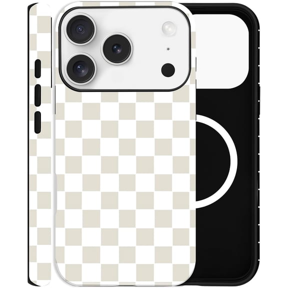 MKEUDQ-Checkered Phone Case for iPhone 17 Pro, Compatible with MagSafe, Aesthetic Checkerboard Cute Magnetic Design Hybrid 2-Layer Hard Shell Cover for Women, White
