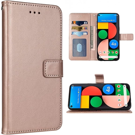 MKEUDQ-Compatible with Google Pixel 4a 5G 6.2 Wallet Case Wrist Strap Lanyard Leather Flip Cover Card Holder Stand Cell Phone Cover for Pixel4a5G UW Pixel4a 5G Pixle a4 G5 Pixle 4a5G 5XL Rose Gold