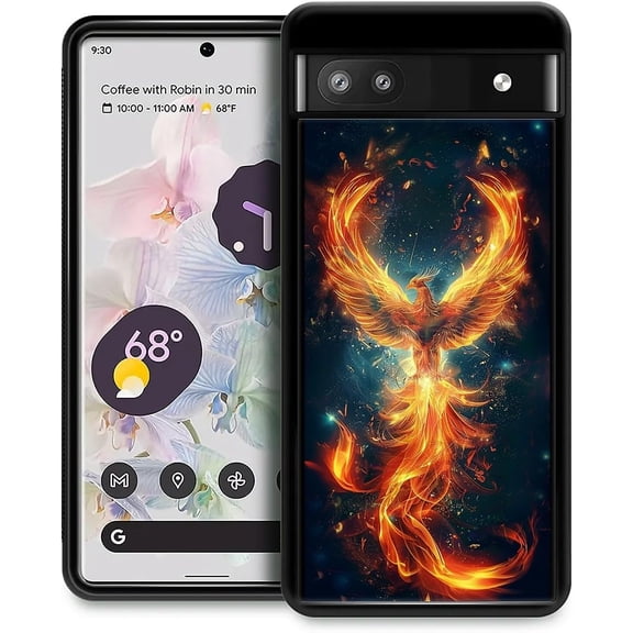 MKEUDQ-Compatible with Google Pixel 6A Mobile Case Creative Acrylic Back Panel Silicone Protection Grip Specially Designed for Google Pixel 6A Spread Wings Fire Phoenix