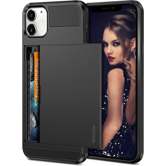 MKEUDQ-Compatible with iPhone 12 Case 5G Wallet Cover Credit Card Holder Slot Sliding Back Pocket Anti-Scratch Dual Layer Protective Compatible with iPhone 12 5G Black