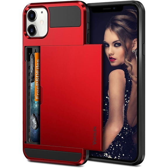 MKEUDQ-Compatible with iPhone 12 Case 5G Wallet Cover Credit Card Holder Slot Sliding Back Pocket Anti-Scratch Dual Layer Protective Compatible with iPhone 12 Red