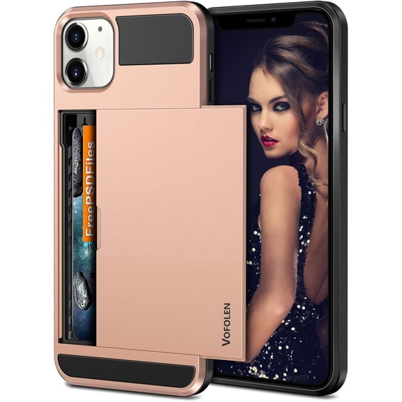 MKEUDQ-Compatible with iPhone 12 Case 5G Wallet Cover Credit Card Holder Slot Sliding Back Pocket Anti-Scratch Dual Layer Protective Compatible with iPhone 12 Rose Gold