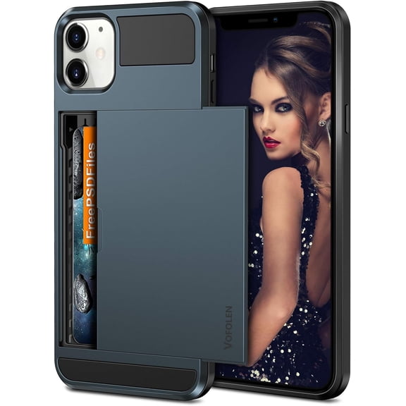 MKEUDQ-Compatible with iPhone 12 Case 5G Wallet Cover Credit Card Holder Slot Sliding Back Pocket Anti-Scratch Dual Layer Protective Compatible with iPhone 12 Navy