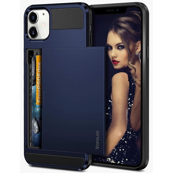 MKEUDQ-Compatible with iPhone 12 Case 5G Wallet Cover Credit Card Holder Slot Sliding Back Pocket Anti-Scratch Dual Layer Protective Compatible with iPhone 12 Navy-Blue