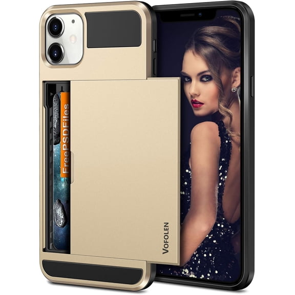 MKEUDQ-Compatible with iPhone 12 Case 5G Wallet Cover Credit Card Holder Slot Sliding Back Pocket Anti-Scratch Dual Layer Protective Compatible with iPhone 12 Gold