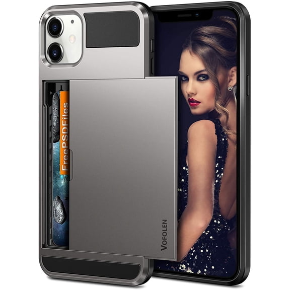 MKEUDQ-Compatible with iPhone 12 Case Wallet Cover Credit Card Holder Slot Sliding Back Pocket Anti-Scratch Dual Layer Protective Compatible with iPhone 12 Graphite-Grey