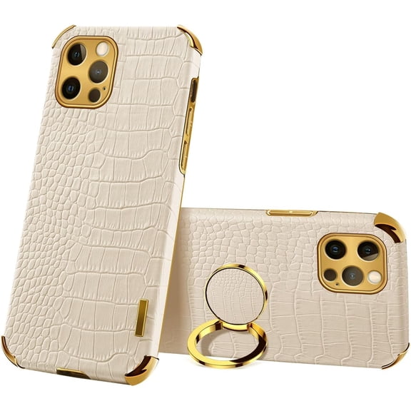 MKEUDQ-Compatible with iPhone 14 Pro Ring Holder Case Luxury Crocodile Cover Gold Edge 360 Degree Rotation Stand for Women Slim Leather Snake Lizard Skin Protective Cover case, 6.1Inch,White