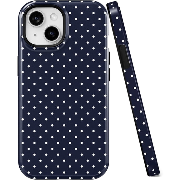 MKEUDQ-Compatible with iPhone 15/14 6.1" Case, Hybrid 2 Layer Hard Shell Silicone Protective Case Shockproof Design Slim Stylish Durable Phone Cover (Navy Blue Polka Dot, iPhone 15/14)