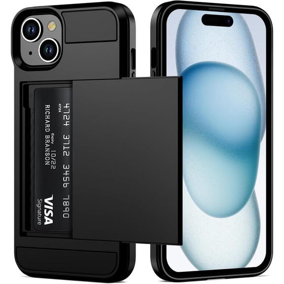 MKEUDQ-Compatible with iPhone 15 Case with Card Holder, Dual Layer Shockproof Wallet Phone Case, Hidden Card Slot Sliding Protective Hard Shell Back Cover Slim Case for iPhone 15, 6.1 Inch Black