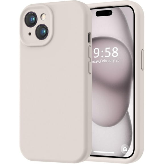 MKEUDQ-Compatible with iPhone 15 Case, [Smooth Silicone Full Coverage Camera] [8ft Drop Protection], Soft Microfiber Lining Full Body Protective Case for iPhone 15 6.1 inch - Stone