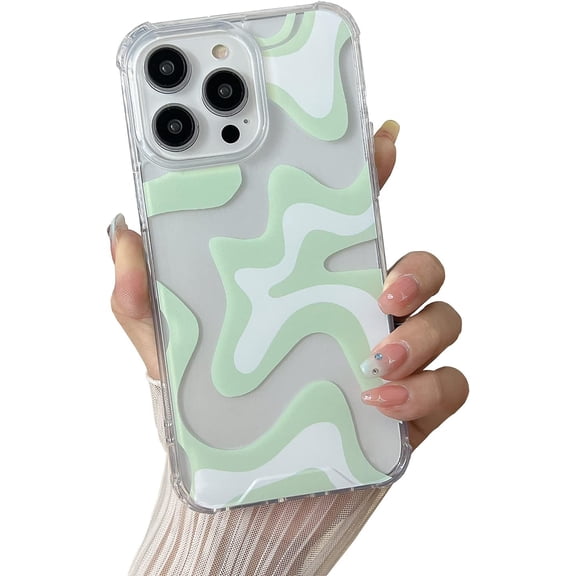 MKEUDQ-Compatible with iPhone 15 Pro Phone Case, Cute Art Wavy Painted for Women Girls, Soft TPU Edge PC Back Protective Shockproof Compatible with iPhone Case (Green, iPhone 15 Pro)