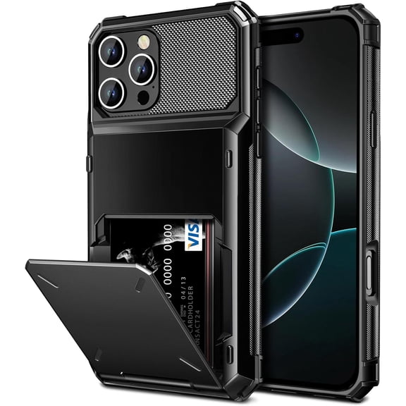 MKEUDQ-Compatible with iPhone 16 Pro Case with Card Holder Dual Layer Heavy Duty Drop Protection Hidden Flip 4-Card Slot Wallet Phone Case for iPhone 16 Pro for Women Men, 6.3 Inch Black
