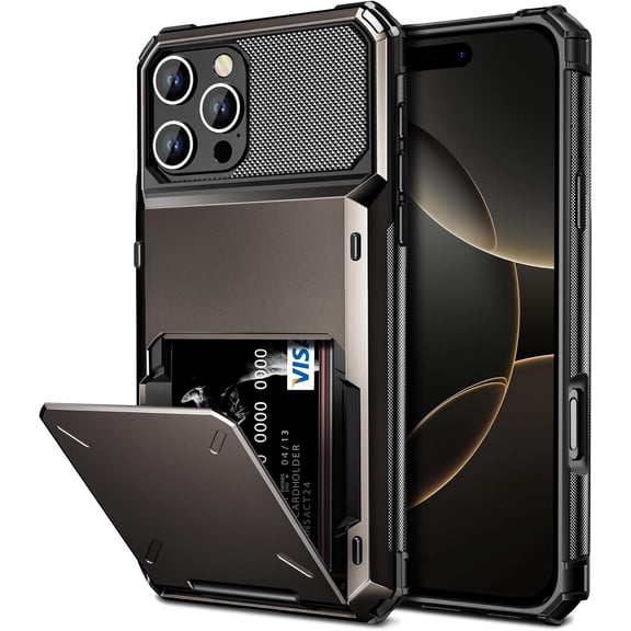 MKEUDQ-Compatible with iPhone 16 Pro Case with Card Holder Dual Layer Heavy Duty Drop Protection Hidden Flip 4-Card Slot Wallet Phone Case for iPhone 16 Pro for Women Men, 6.3 Inch Gun Metal